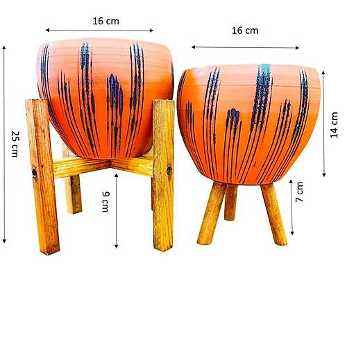 Bitki Tasar�m� Siyah �izgi Desenli Terrakota Toprak Saks� Saks�l�k Salon �i�eklik �kili Set 3 Ayakl�- 4 Ayakl�- 15 Cm