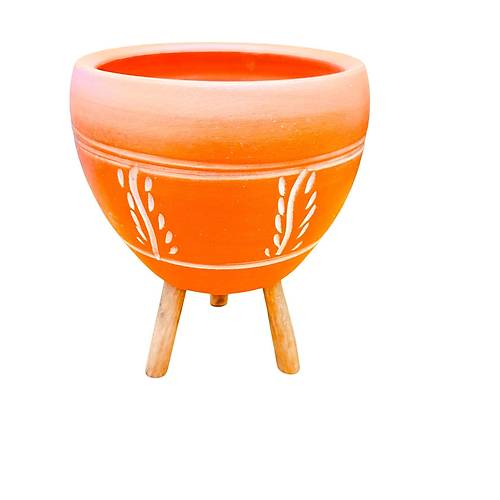 Bitki Tasar�m� Nak�� Desenli Terrakota Toprak Saks� Saks�l�k Salon �i�eklik 3 Ayakl� - 15 Cm