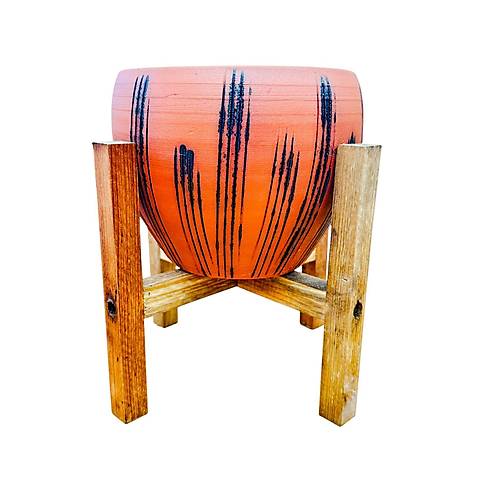 Bitki Tasar�m� Siyah �izgi Desenli Terrakota Toprak Saks� Saks�l�k Salon �i�eklik 4 Ayakl� - 15 Cm