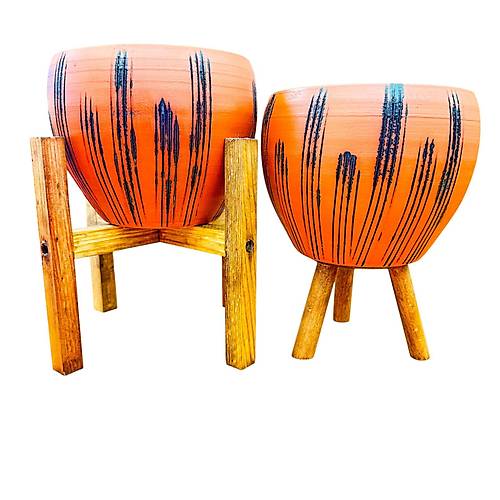 Bitki Tasar�m� Siyah �izgi Desenli Terrakota Toprak Saks� Saks�l�k Salon �i�eklik �kili Set 3 Ayakl�- 4 Ayakl�- 15 Cm