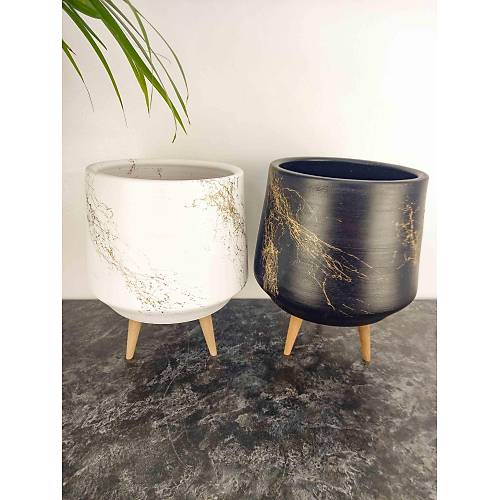 Bitki Tasarm  Siyah Ve Beyaz zeri Gold Mermer Efektli Keskin Hatl Toprak Saks Sakslk Salon ieklik kili Set 3 Ayakl - 19 CM