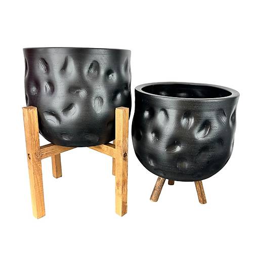 Bitki Tasarm Ev Dekorasyon Aksesuar Siyah Desenli Toprak Saks Sakslk Salon ieklik kili Set 4 Ayak -3 Ayakl 19 CM