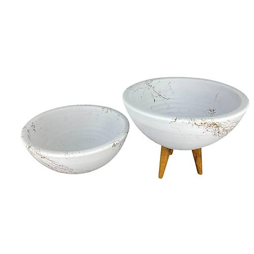 Bitki Tasarm Ev Dekorasyon Beyaz zeri Gold Mermer Efektli Aranjman Sunumluk Toprak Saks Ayaksz Ve 3 Ayakl kili Set 20 Cm ap