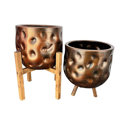 Bitki Tasarm Ev Dekorasyon Aksesuar Bakr Desenli Toprak Saks Sakslk Salon ieklik kili Set 4 Ayakl-3 Ayakl 19 CM