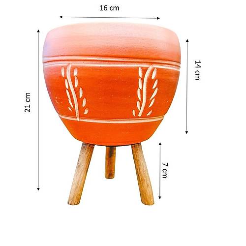 Bitki Tasar�m� Nak�� Desenli Terrakota Toprak Saks� Saks�l�k Salon �i�eklik 3 Ayakl� - 15 Cm