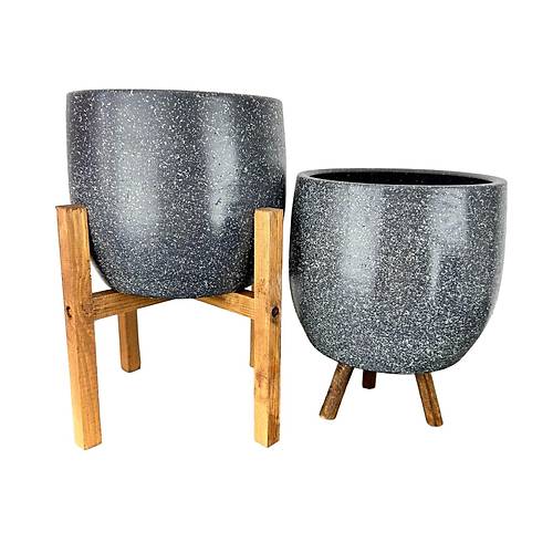 Bitki Tasarm  Gri Granit Toprak Saks Sakslk Salon ieklik kili Set 3 Ayakl- 4 Ayakl- 19 CM