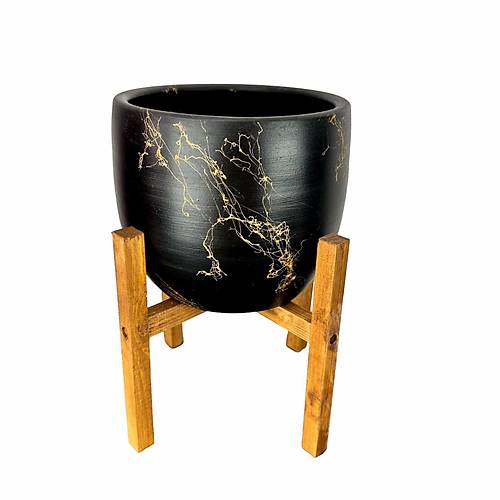 Bitki Tasarm Siyah zeri Gold Mermer Efektli Toprak Saks Sakslk Salon ieklik 4 Ayakl - 19 CM