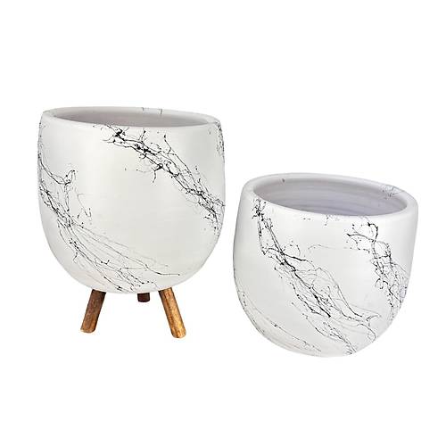 Bitki Tasarm Beyaz zeri Siyah Mermer Efektli Toprak Saks Sakslk Salon ieklik kili Set Ayaksz - 3 Ayakl- 19 CM