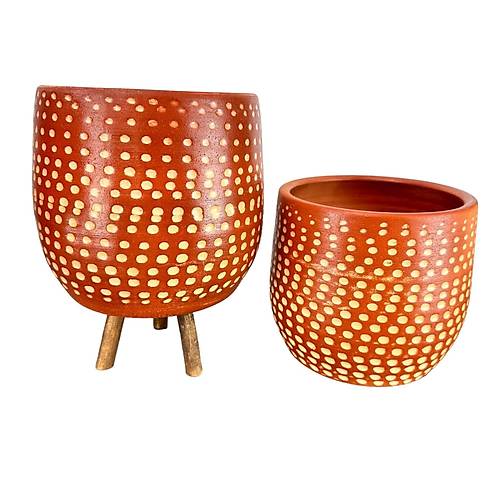 Bitki Tasarm  Beyaz Nokta Desenli Toprak Saks Sakslk Salon ieklik kili Set Ayaksz - 3 Ayakl- 19 CM