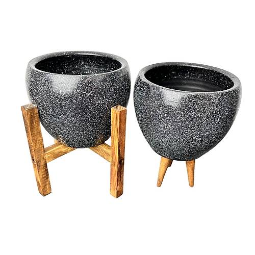 Bitki Tasarm Siyah Granit Toprak Saks Sakslk Salon ieklik kili Set 3 Ayakl- 4 Ayakl- 15 CM
