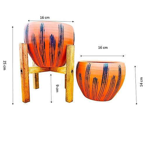 Bitki Tasar�m� Siyah �izgi Desenli Terrakota Toprak Saks� Saks�l�k Salon �i�eklik �kili Set Ayaks�z - 4 Ayakl�- 15 Cm