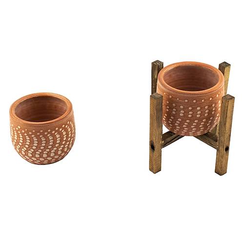 Bitki Tasarm Ev Dekorasyon Beyaz Nokta Desenli Terakota Toprak Saks Sakslk Salon ieklik kili Set Ayaksz, 4 Ayakl 12 Cm