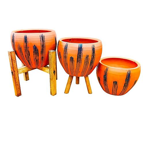 Bitki Tasar�m� siyah �izgi Desenli Terrakota Toprak Saks� Saks�l�k Salon �i�eklik ��l� Set - 15 Cm