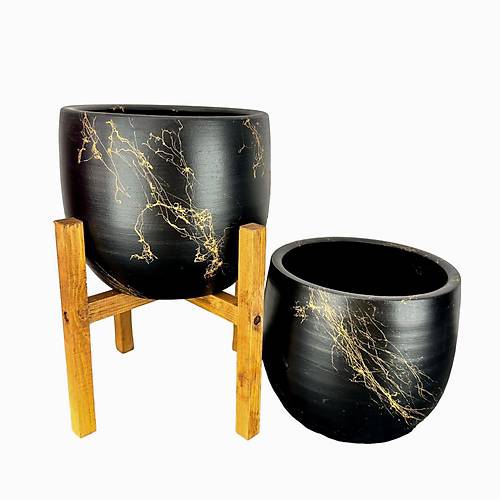 Bitki Tasarm Siyah zeri Gold Mermer Efektli Toprak Saks Sakslk Salon ieklik kili Set Ayaksz - 4 Ayakl- 19 CM