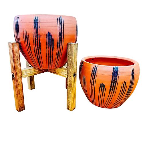 Bitki Tasar�m� Siyah �izgi Desenli Terrakota Toprak Saks� Saks�l�k Salon �i�eklik �kili Set Ayaks�z - 4 Ayakl�- 15 Cm