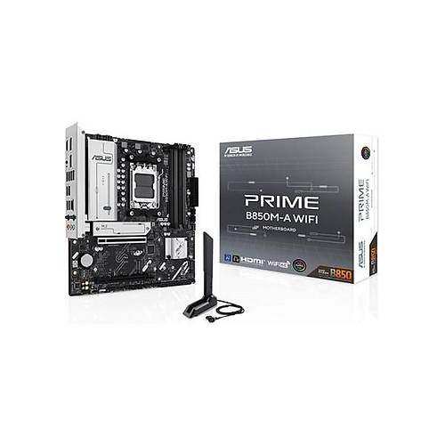 Asus PRIME B850M-A WIFI AMD B850 AM5 DDR5 8000 2xDP HDMI 3x M2 USB3.2 WiFi 6E + BT AURA RGB 2.5Gbit LAN mATX 256GB?a kadar ram deste�i, ASUS 5X PROTECTION III, 1xGen5 M.2