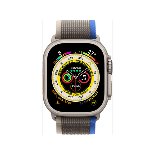 Apple Watch Ultra GPS Cellular 49mm Yıldız Işığı Titanyum Kasa M/L Gri-Mavi Kordon MQFV3TU/A