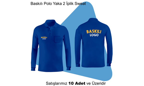 irket Logolu Baskl Polo Yaka Uzun Kollu 2 plik Sweat