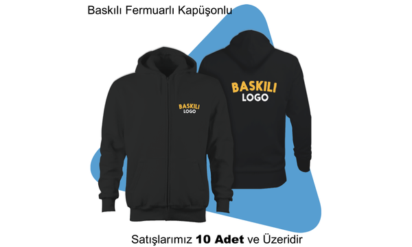 irket Logolu Baskl Kaponlu Fermuarl Sweat