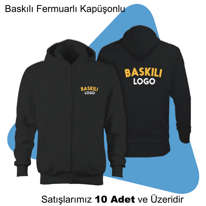 irket Logolu Baskl Kaponlu Fermuarl Sweat