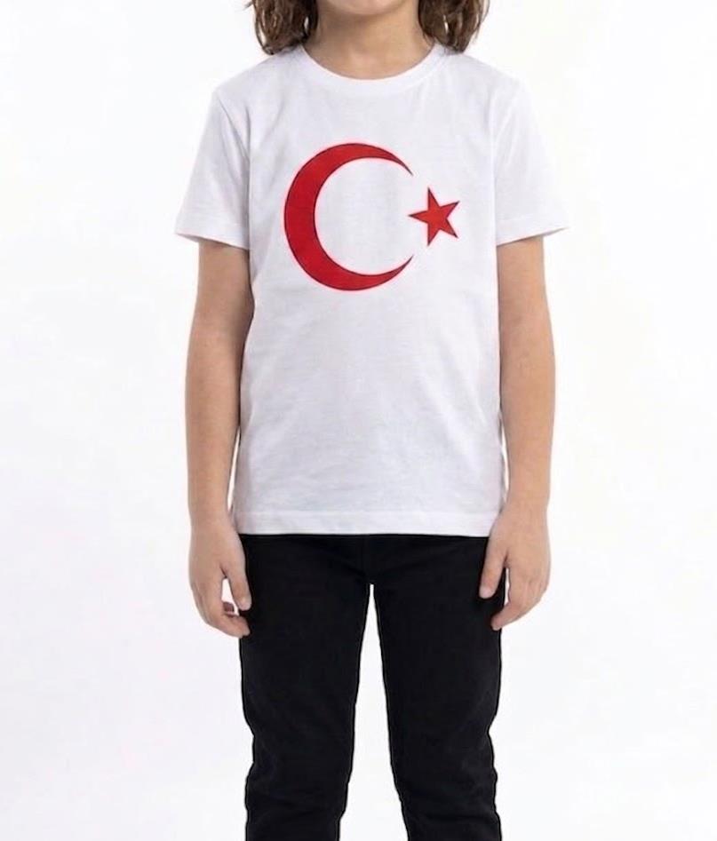 Kız Çocuk Ay Yıldız Türk Bayraklı Kısa Kollu Tişört Beyaz