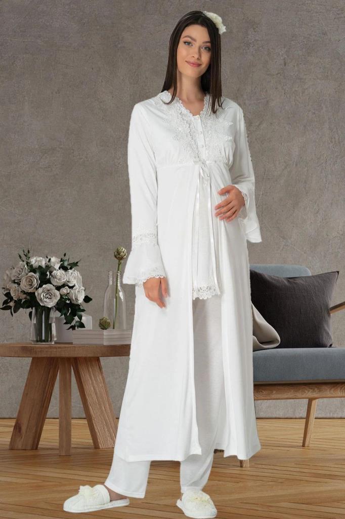 Mecit 1517 Bayan Hamile Lohusa Ekru Sabahlıklı Pijama Takımı