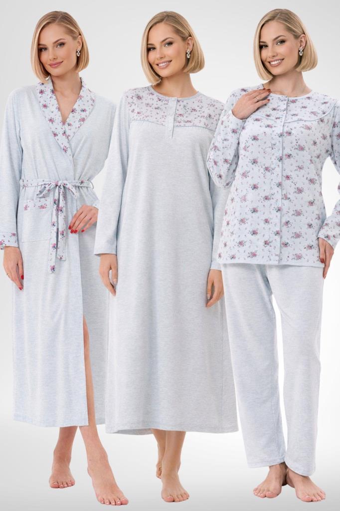 Mecit 6321 Mavi Büyük Beden Kadın Sabahlık Pijama Gecelik Set