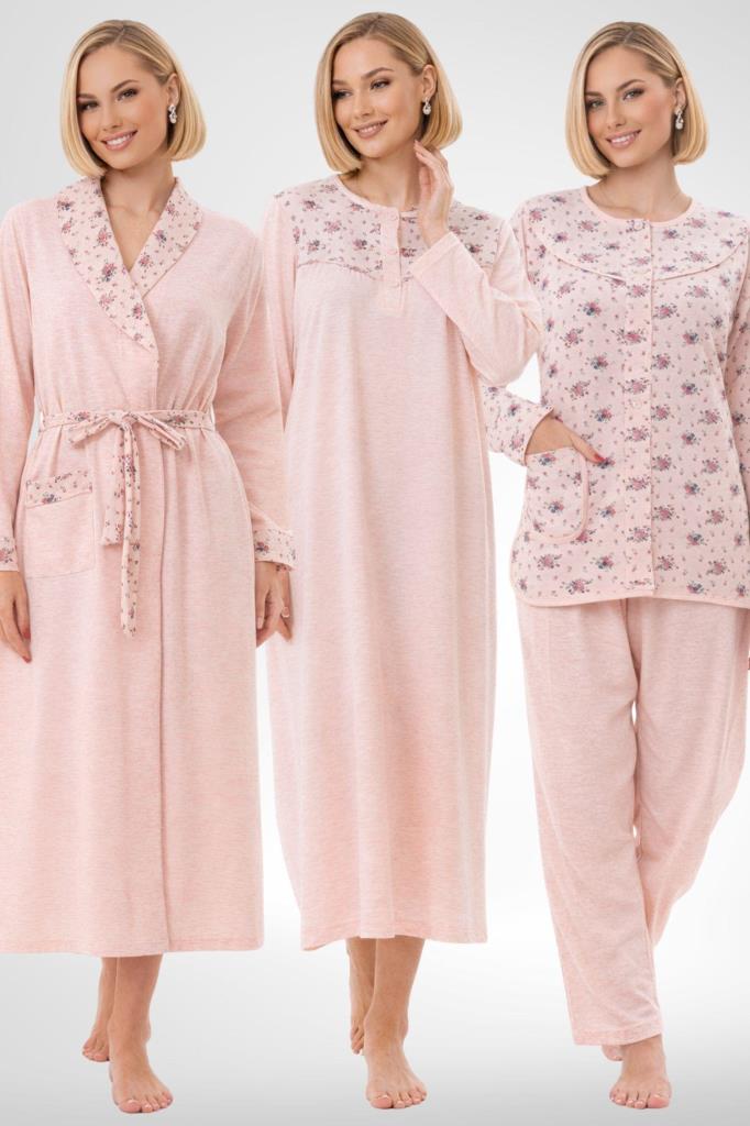 Mecit 6321 Pudra Büyük Beden Kadın Sabahlık Pijama Gecelik Set