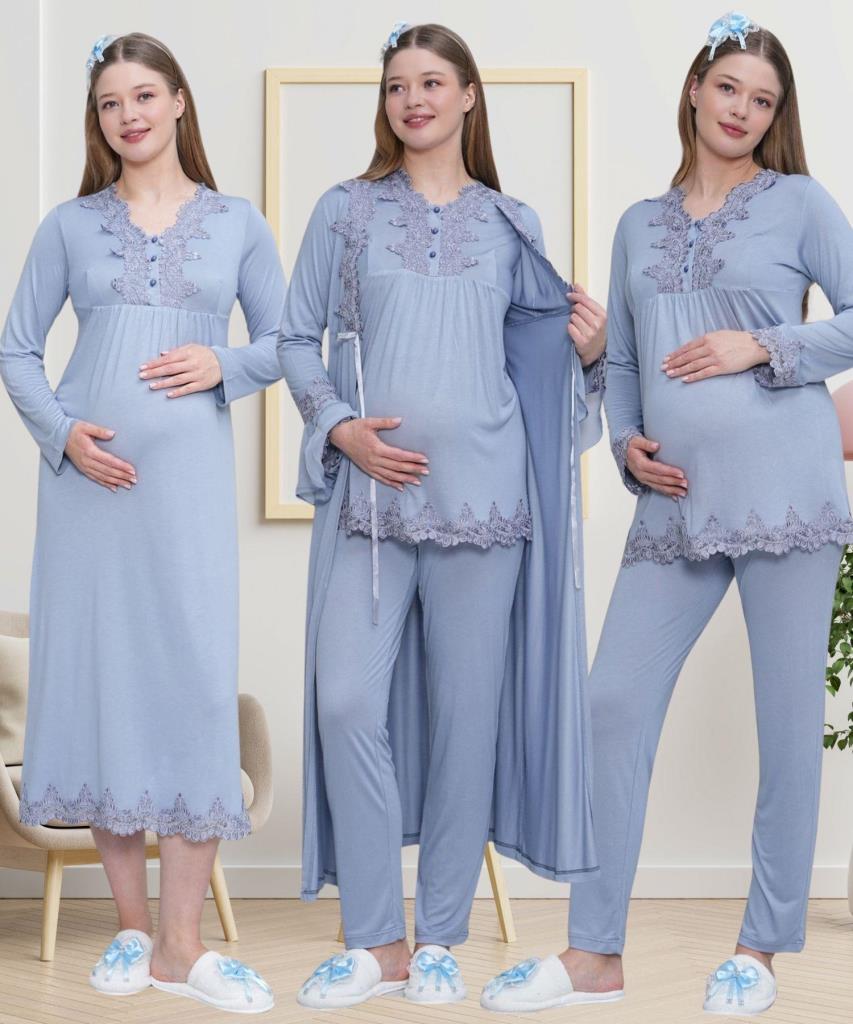Mecit 1519 Bayan Hamile Lohusa Mavi Sabahlık Gecelik Pijama Seti