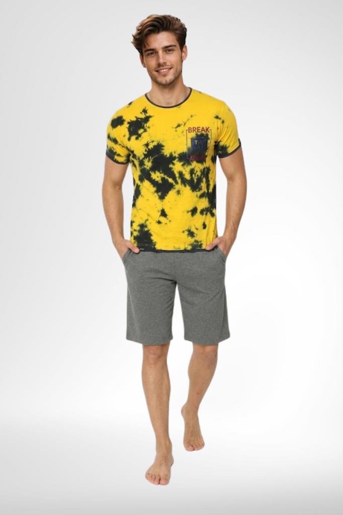 Mecit 4001 Erkek Pamuklu Sarı Batik Desenli Şortlu Pijama Takımı