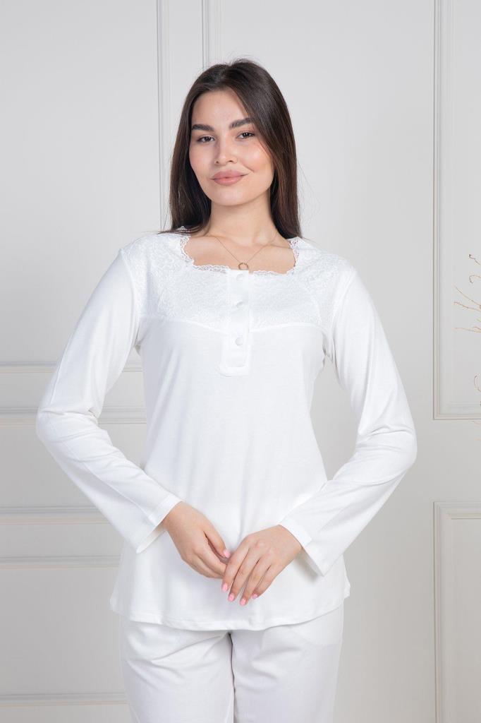 Mecit 6104 Bayan Ekru Büyük Beden Uzun Kollu Pijama Takımı