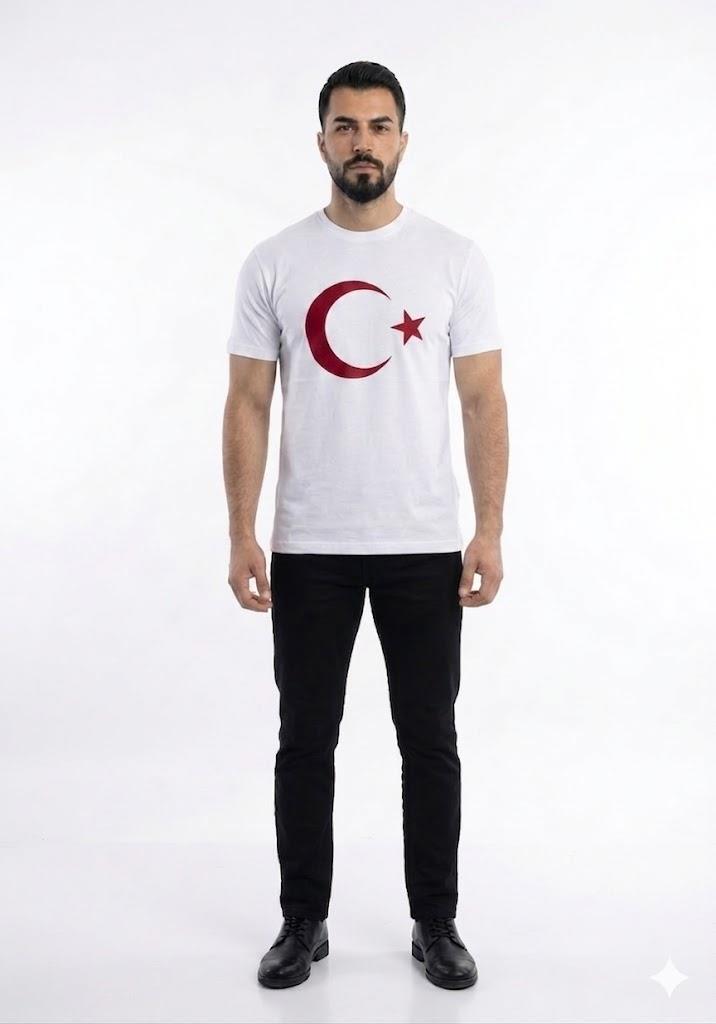 Erkek Ay Yıldızlı Türk Bayraklı Kısa Kol Tişört Beyaz