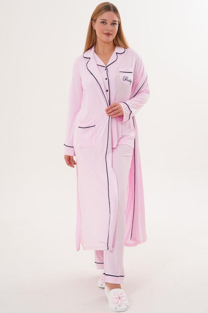 Mecit 6333 Pembe Kadın Sabahlıklı Boydan Düğmeli Pijama Takımı