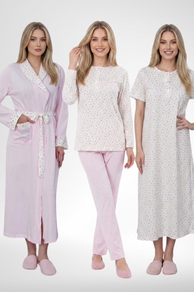 Mecit 6385 Pembe Büyük Beden Kadın Sabahlık Pijama Gecelik Set