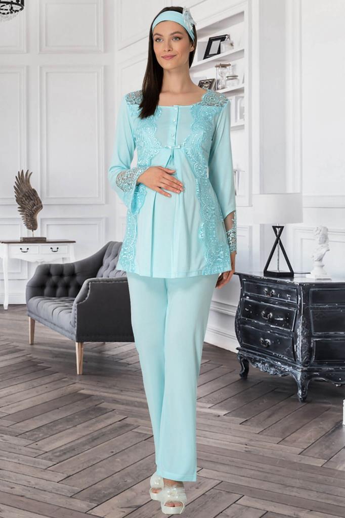 Mecit 5015 Bayan Hamile Lohusa Turkuaz Dantelli Pijama Takımı