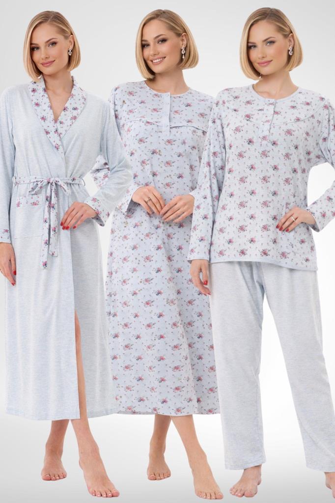 Mecit 6318 Mavi Büyük Beden Kadın Sabahlık Pijama Gecelik Set