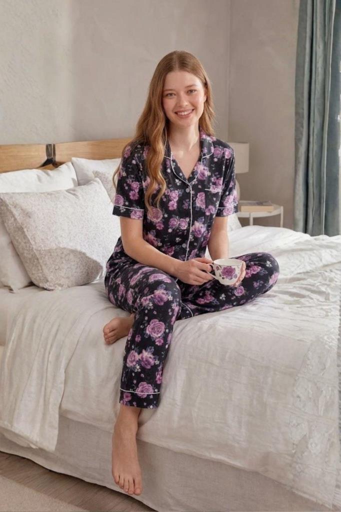 Mecit 6353 Lacivert Çiçekli Boydan Düğmeli Kadın Pijama Takımı
