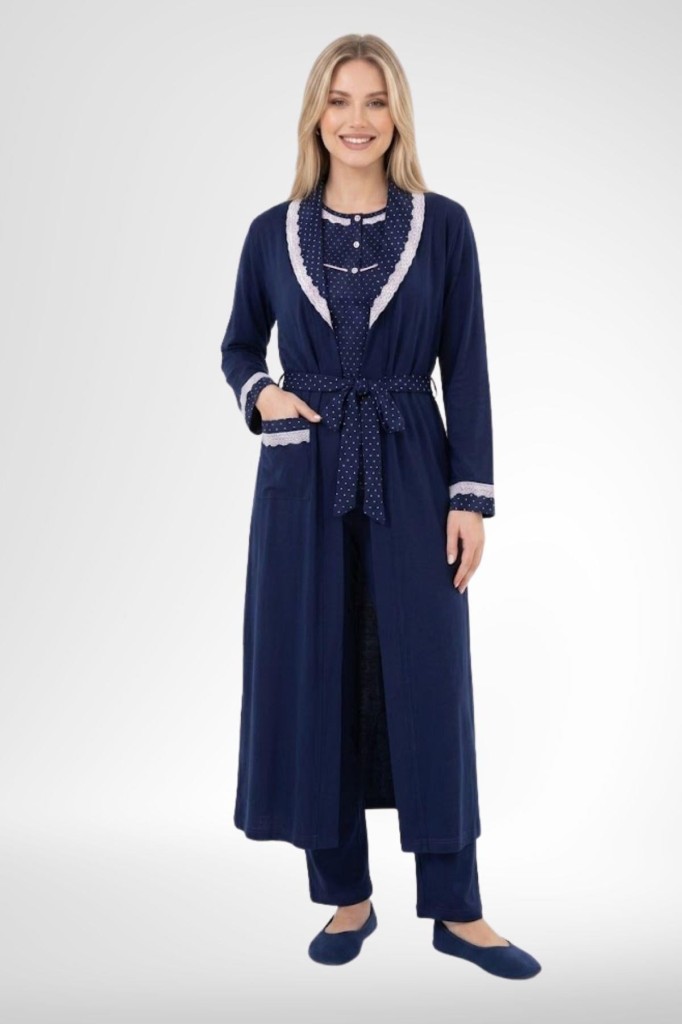 Mecit 6391 Lacivert Kadın Büyük Beden Uzun Sabahlık Pijama Takımı