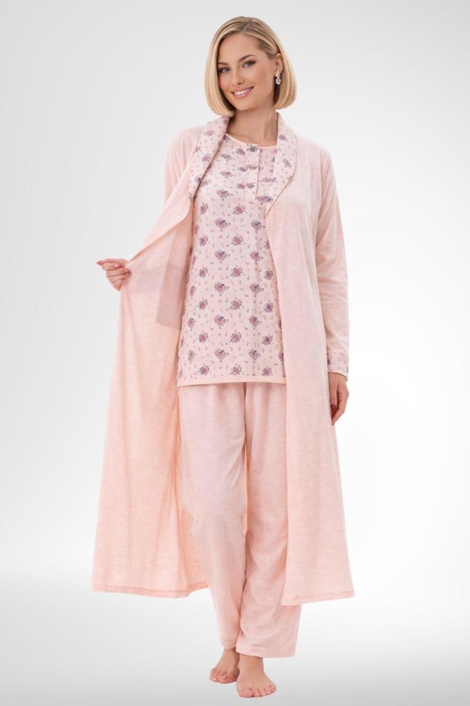 Mecit 6316 Pudra Kadın Büyük Beden Sabahlıklı Pijama Takımı