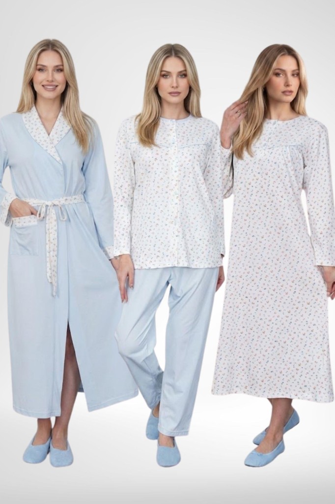 Mecit 6386 Mavi Büyük Beden Kadın Sabahlık Pijama Gecelik Set