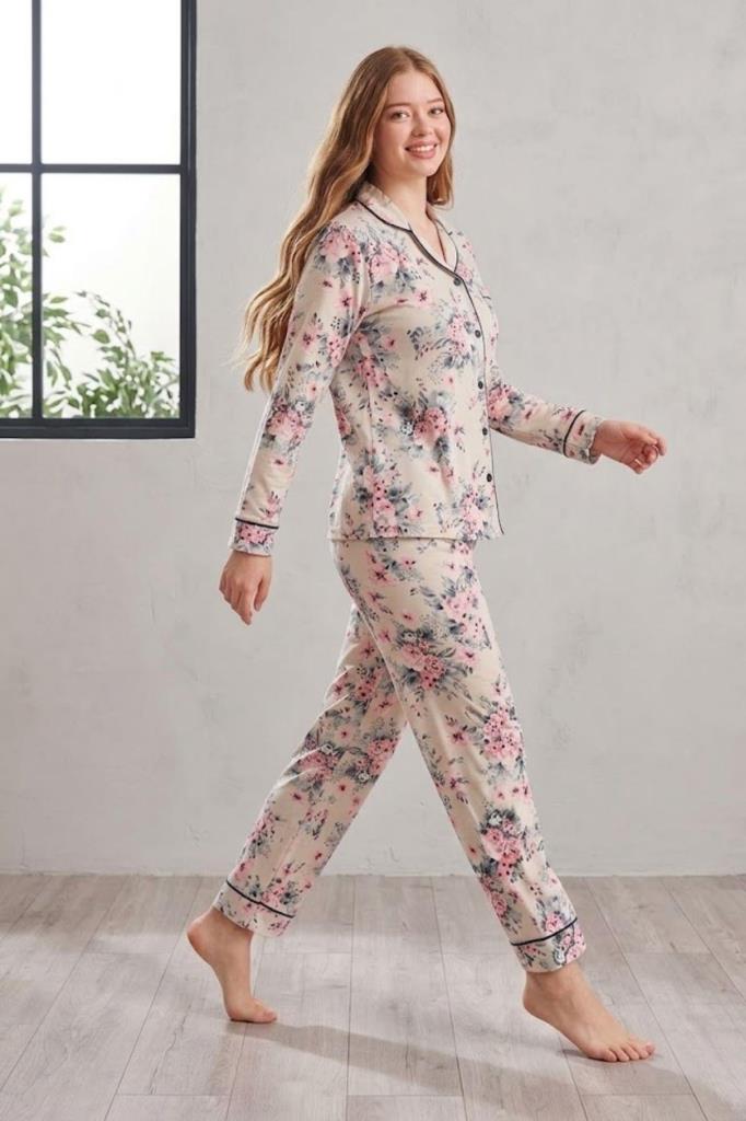 Mecit 6354 Çiçek Desenli Boydan Düğmeli Kadın Pijama Takımı