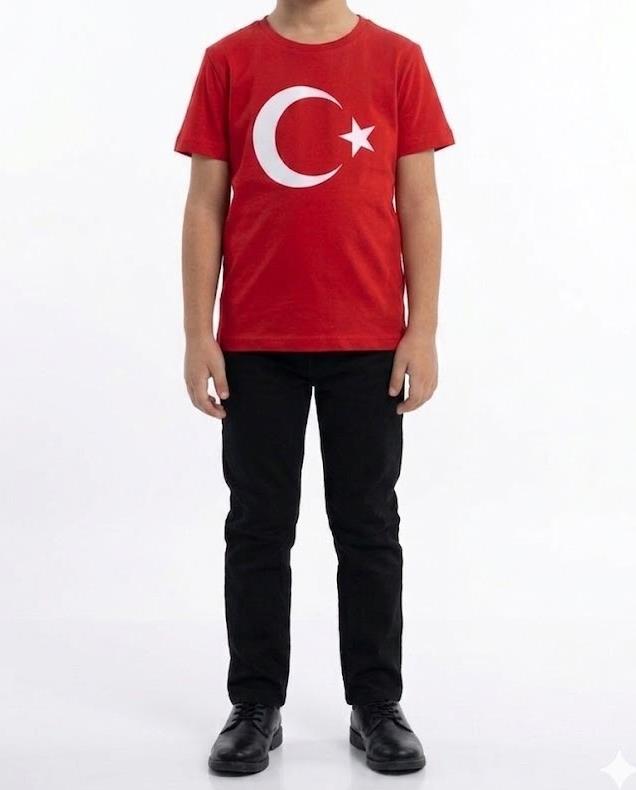 Erkek Çocuk Ay Yıldız Türk Bayraklı Kısa Kollu Tişört Kırmızı