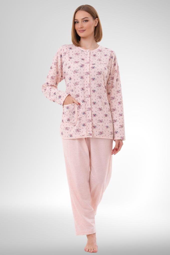 Mecit 6315 Pudra Kadın Boydan Düğmeli Büyük Beden Pijama Takımı