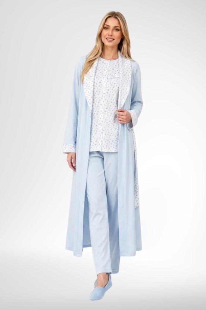 Mecit 6398 Mavi Kadın Uzun Sabahlık Boydan Düğmeli Pijama Takımı