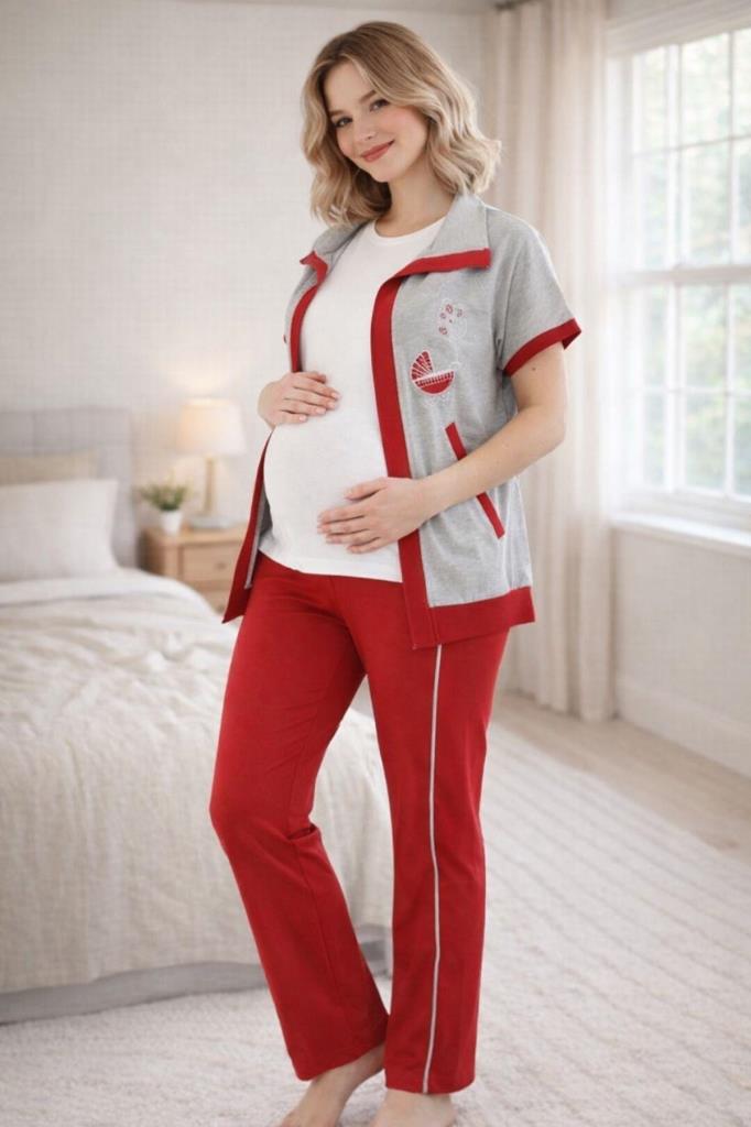Mecit 6352 Kırmızı Bayan Yelekli Hamile Lohusa Pijama Takımı