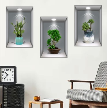 30 Adet 3 lü Set 3D Çiçek Vazo Duvar Sticker GRİ Fon