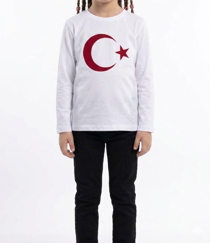 Kız Çocuk Ay Yıldız Türk Bayraklı Uzun Kollu Tişört Beyaz