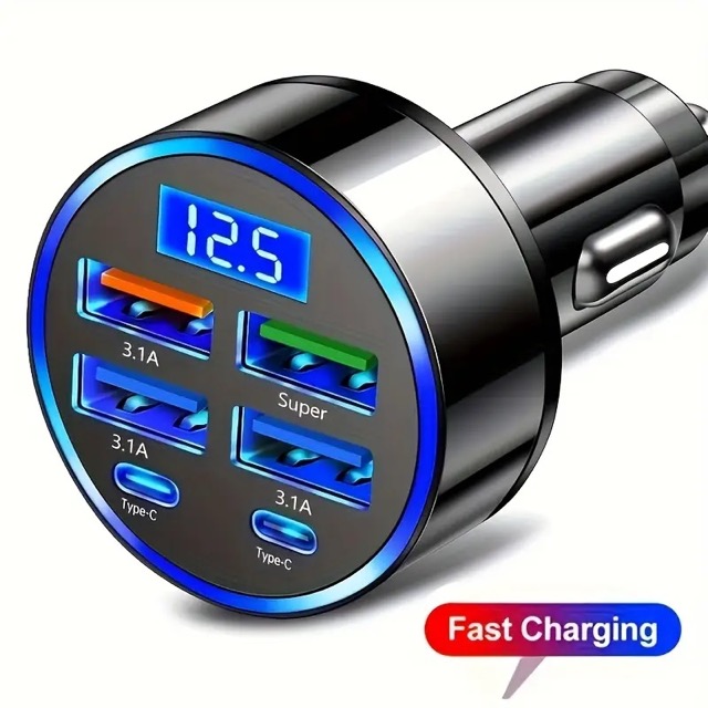 6 Portlu Hızlı Araç Şarj Cihazı 4 USB 2 Type-C Dijital Göstergeli