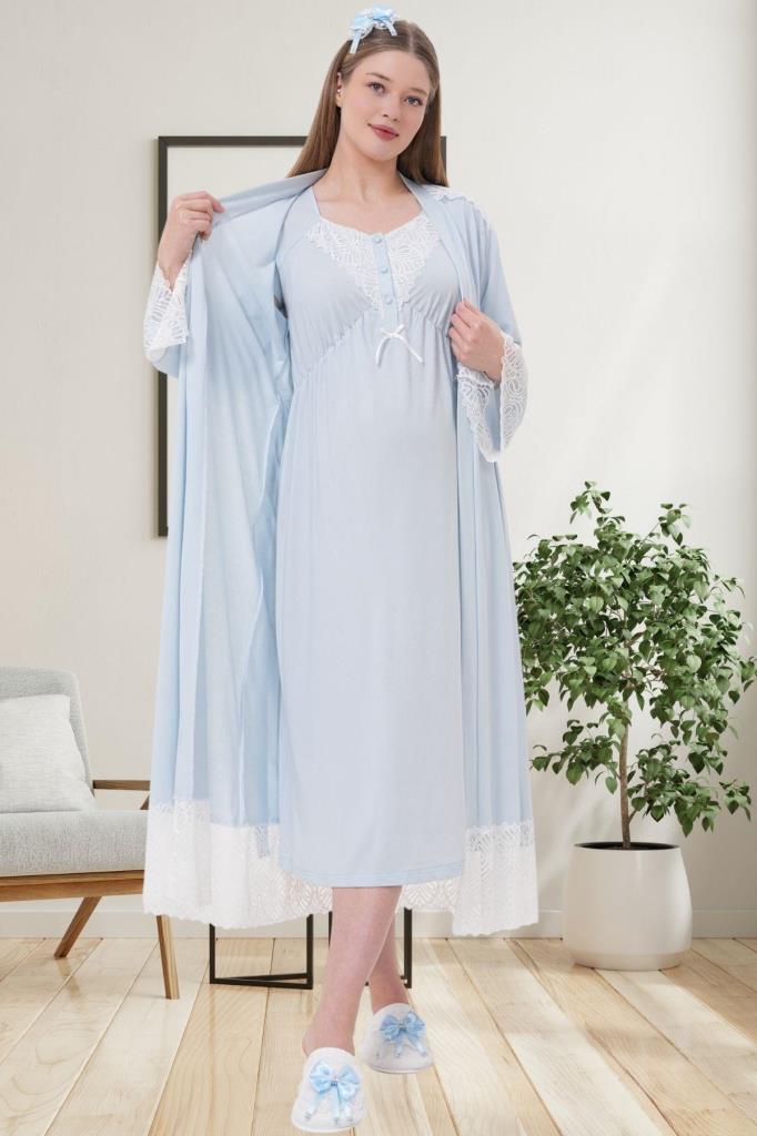 Mecit 6204 Bayan Mavi Hamile Lohusa Sabahlık Gecelik Takım