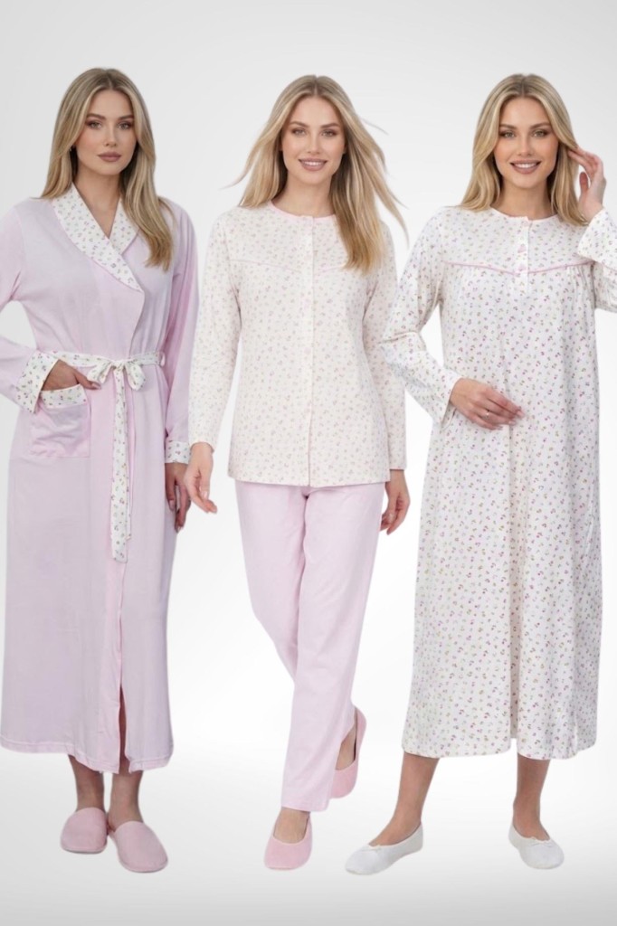 Mecit 6386 Pembe Büyük Beden Kadın Sabahlık Pijama Gecelik Set